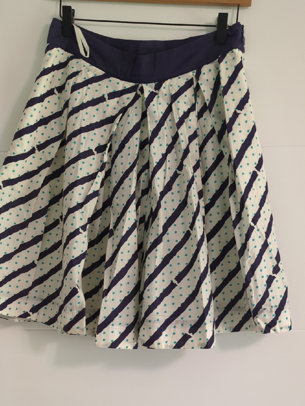 Anthropology Pleated A-Line Polka Dot & Stripe Skirt i White & Navy Y2K Pockets